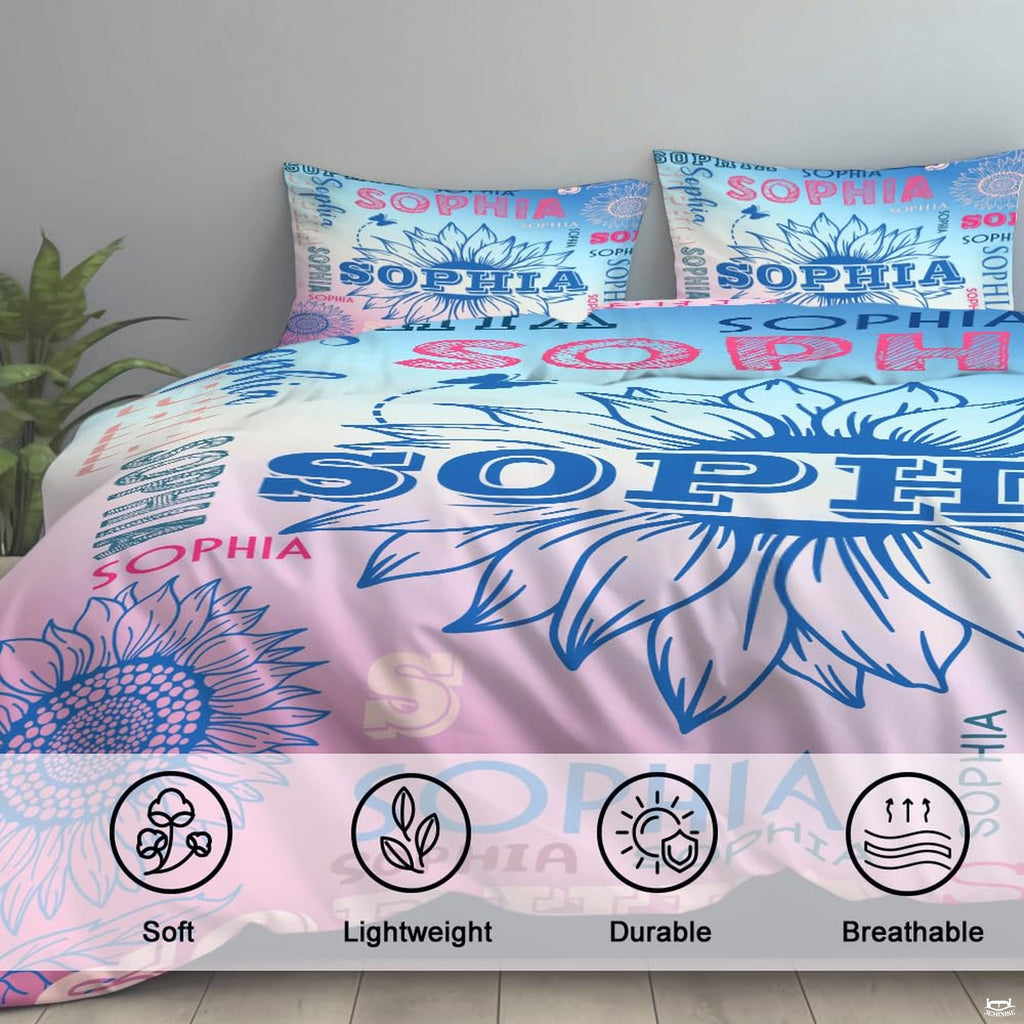 Matching pillowcase detail for fantasy bedding set showing coordinating lilac flower and unicorn print