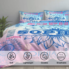 Matching pillowcase detail for fantasy bedding set showing coordinating lilac flower and unicorn print
