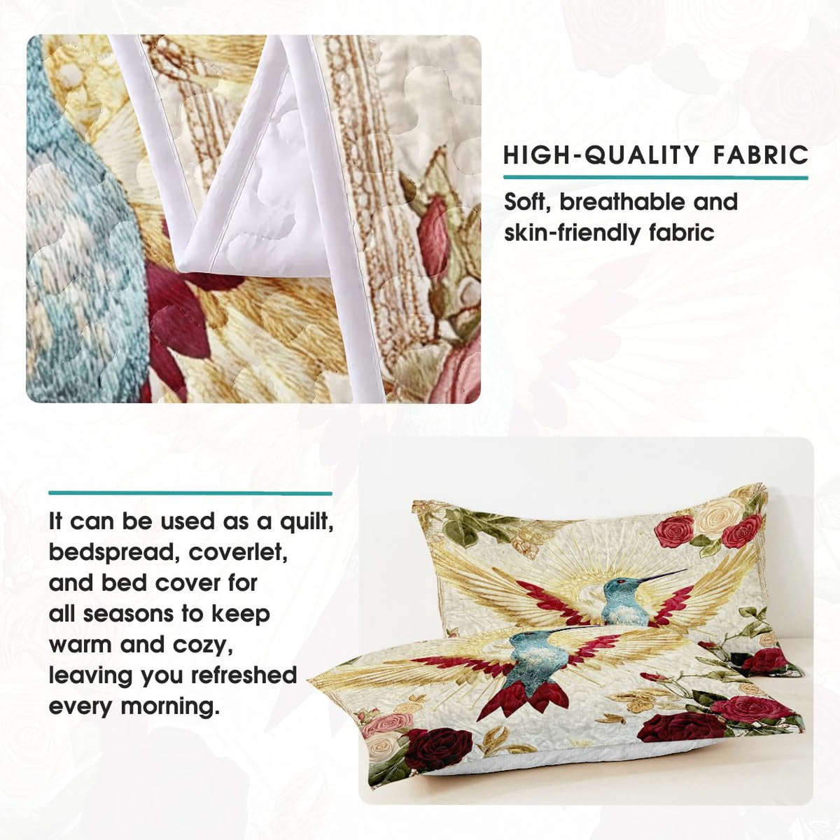 Hummingbird and burgundy rose artwork on coordinated bedding pieces