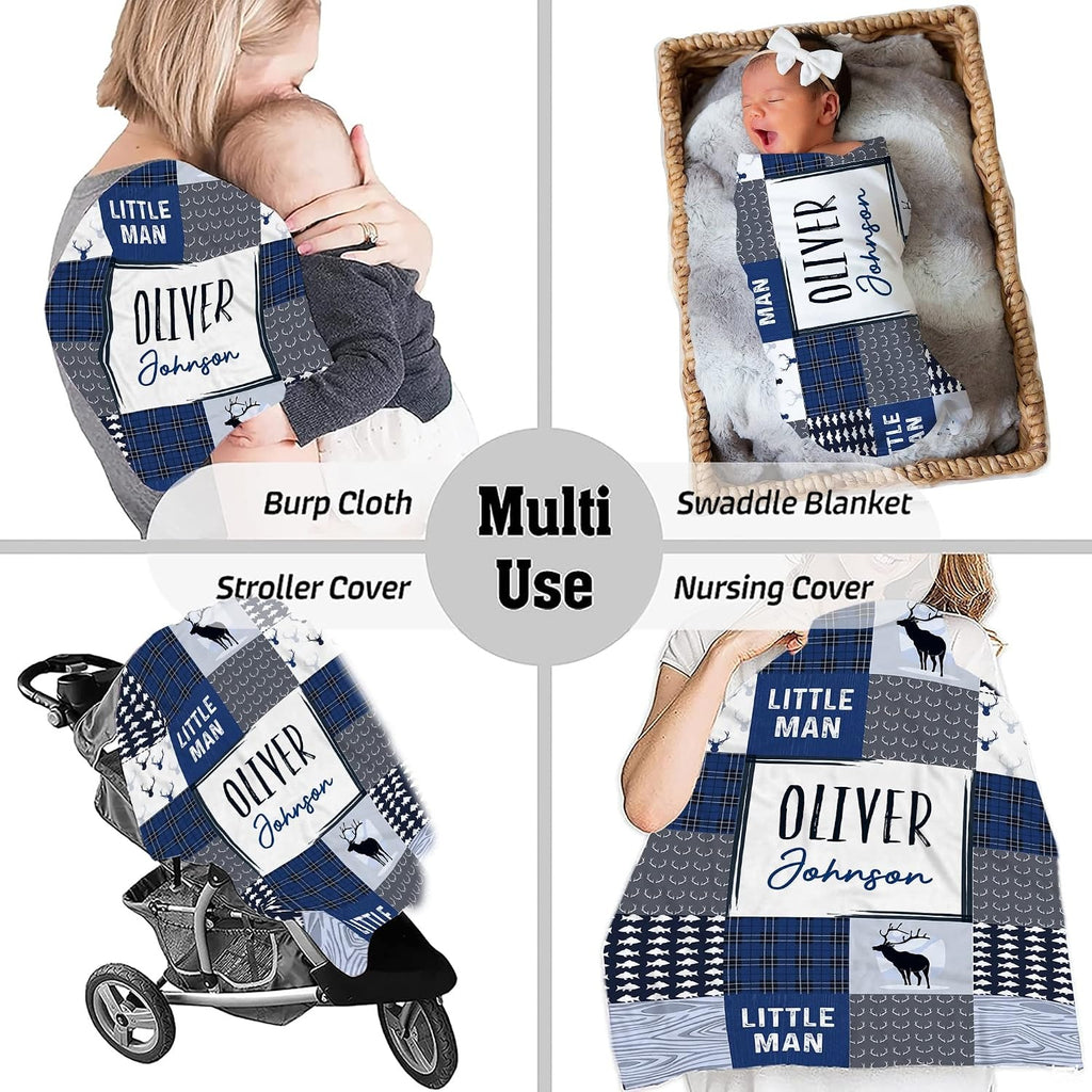 Baby peacefully resting wrapped in blue rustic woodland patchwork nursery blanket