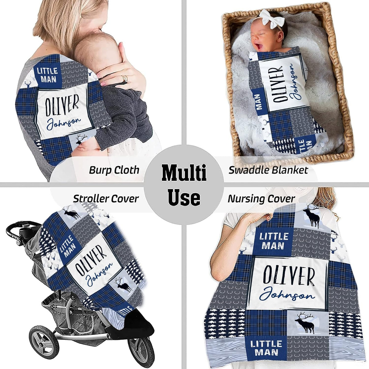 Baby peacefully resting wrapped in blue rustic woodland patchwork nursery blanket