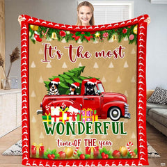 Christmas red truck dogs holiday throw blanket displaying vintage pickup with festive dogs and presents