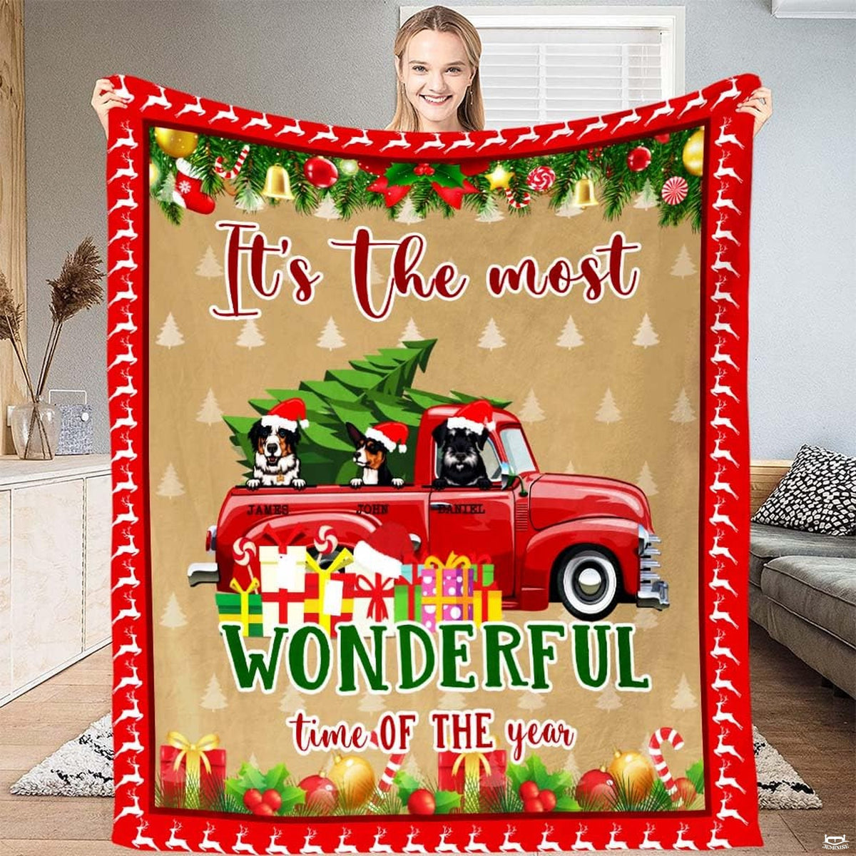 Christmas red truck dogs holiday throw blanket displaying vintage pickup with festive dogs and presents