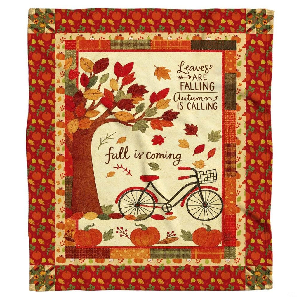 Autumn harvest throw blanket with vintage bicycle, falling leaves tree, pumpkins, and patchwork border