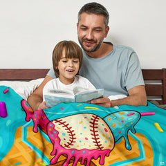 Confectionery baseball waffle cone blanket draped across bedroom bed