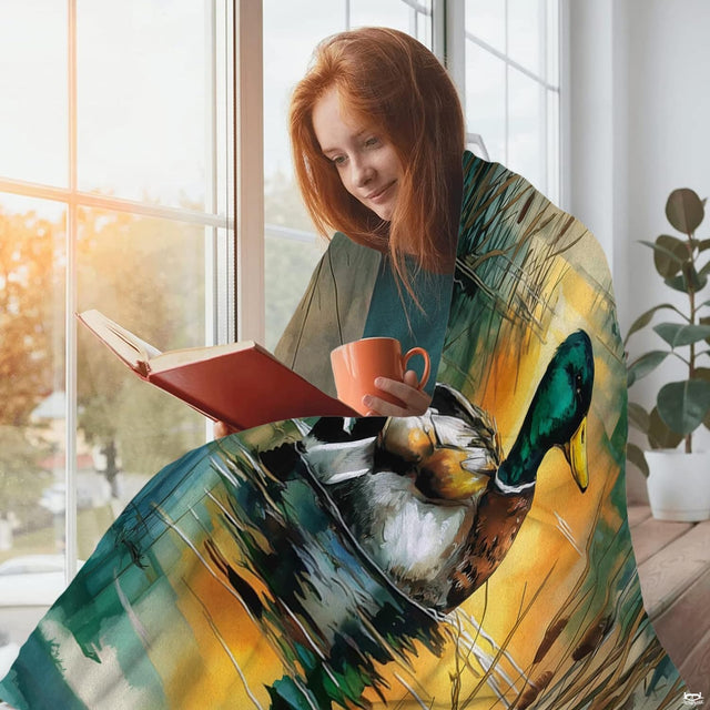 Mallard duck watercolor throw blanket view 2 highlighting swimming drake, golden sunset ripples, and reeds