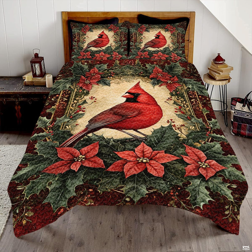 Ruby cardinal songbird holly botanical bedding set displayed neatly on a bed in a festive bedroom