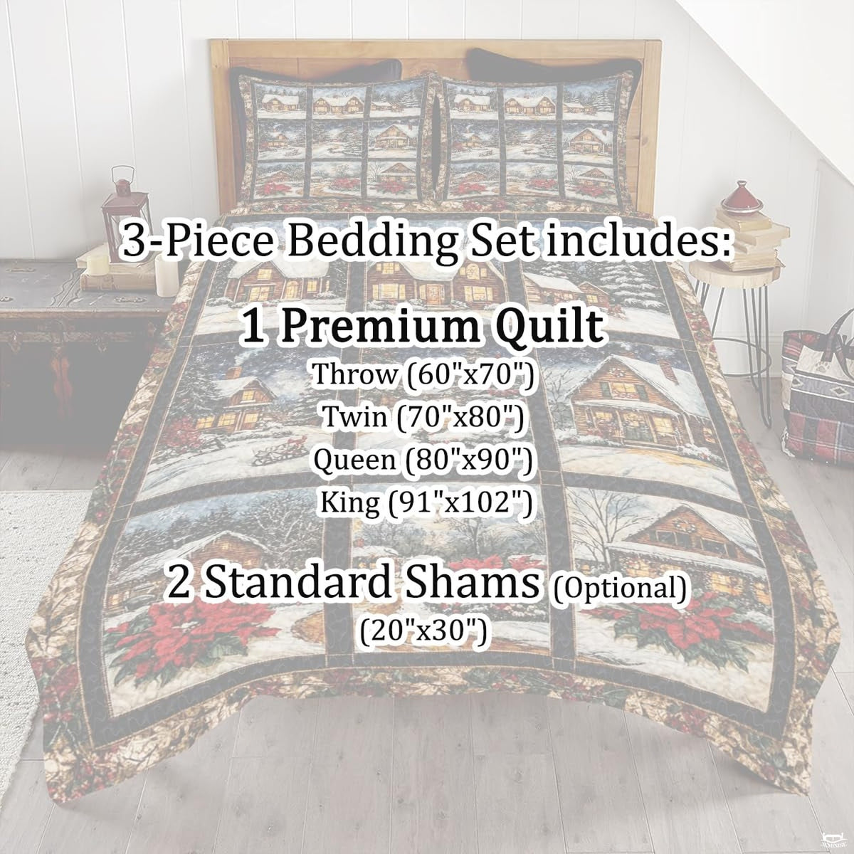 Full bedroom display of gingerbread snowman bedding styled with seasonal holiday room decor accents