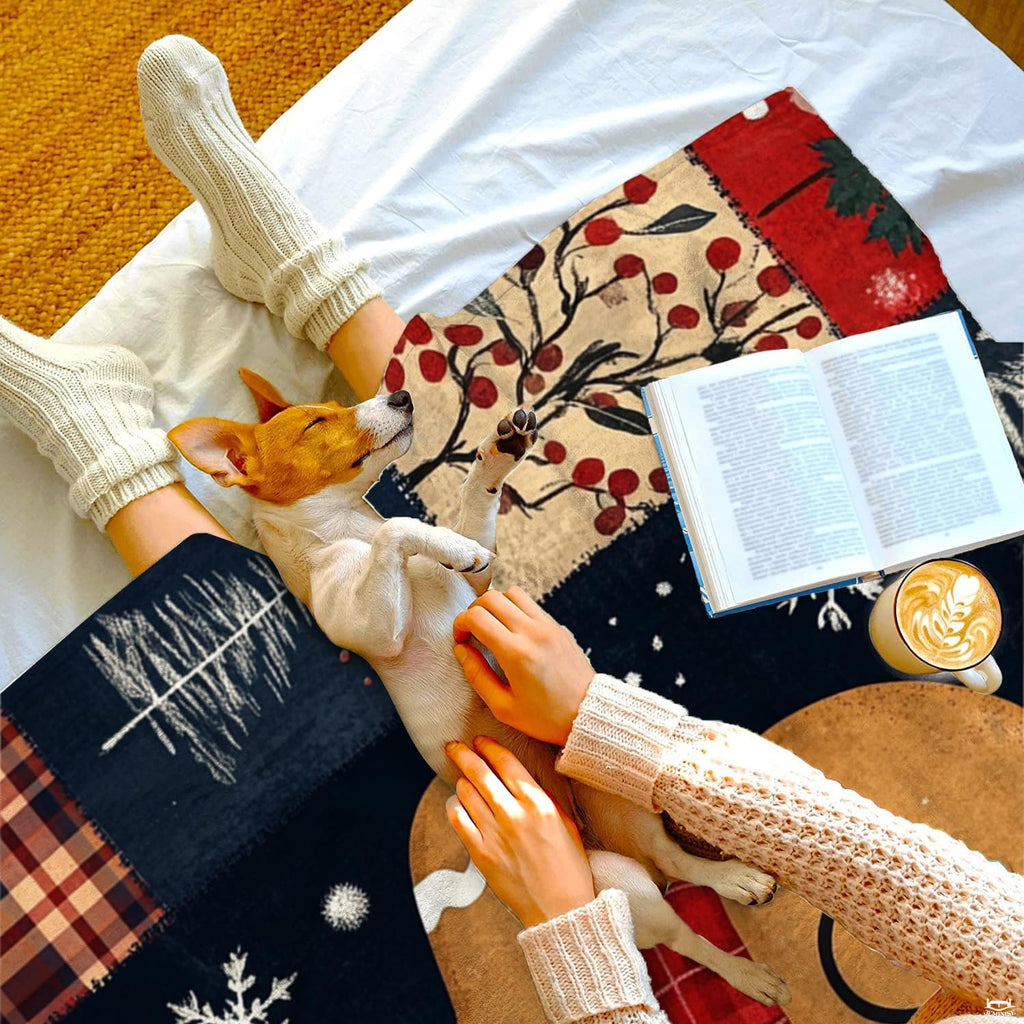 Close view of gingerbread man character illustration with red fringe scarf on Christmas vacation bedding set.