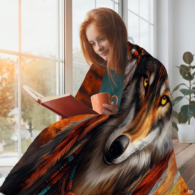 Close-up of intricate feathered war bonnet details with vivid turquoise hues on wolf bedding decor.