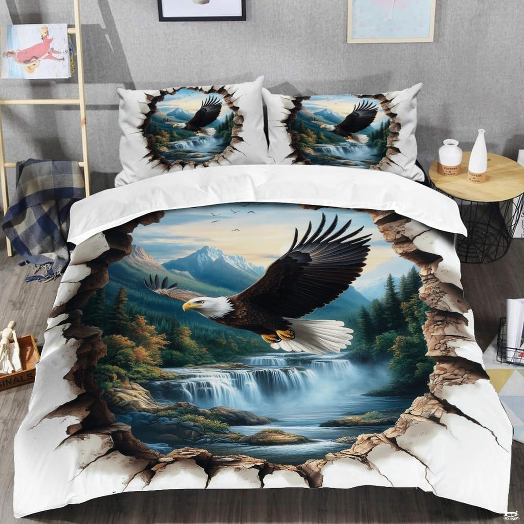 Close-up perspective of eagle bedding highlighting 3D stone opening, plumage details, and alpine scenery