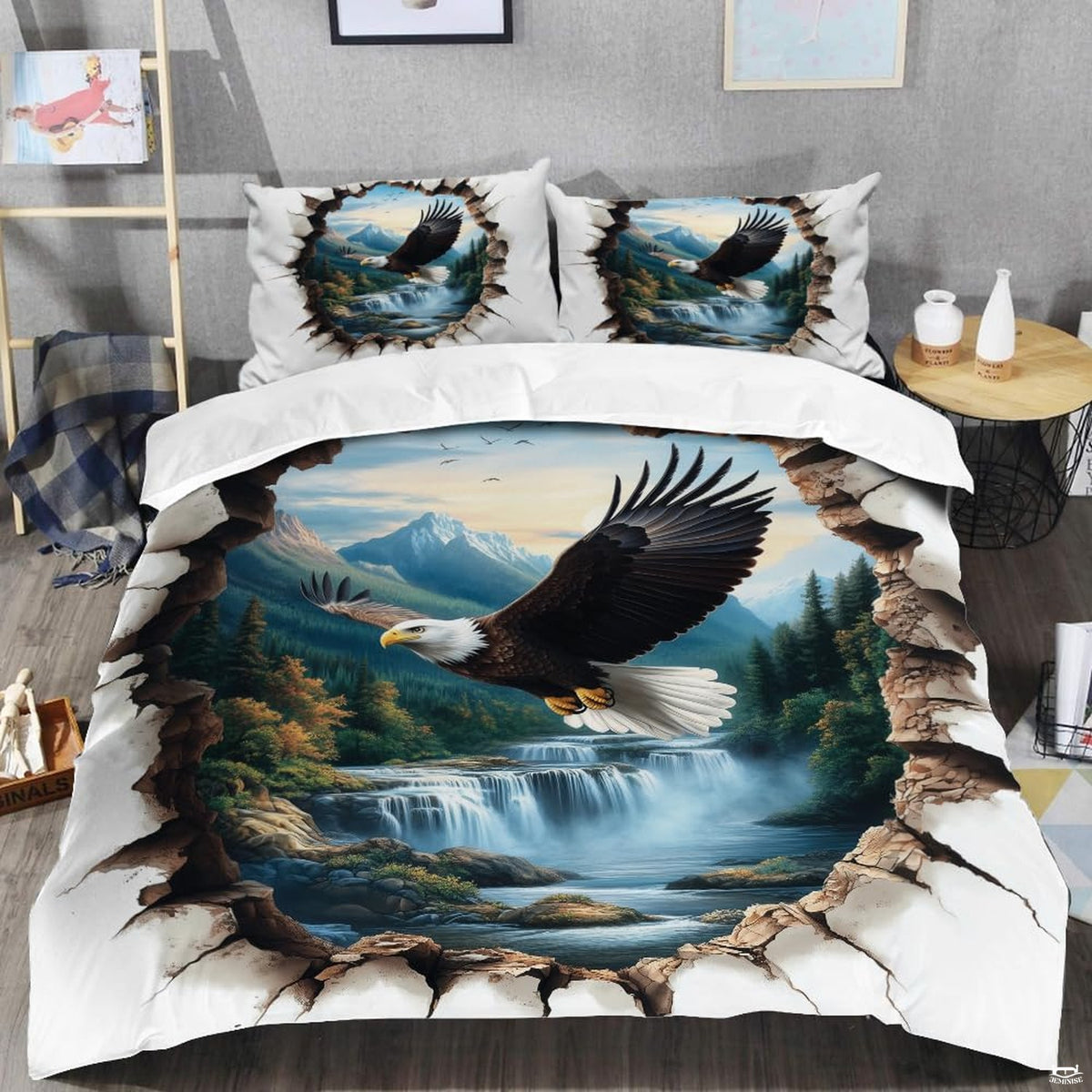 Close-up perspective of eagle bedding highlighting 3D stone opening, plumage details, and alpine scenery