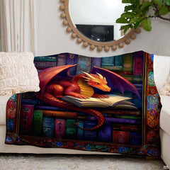 Fantasy dragon bookshelf throw blanket view 6 highlighting book stacks, dragon wings, and mosaic border
