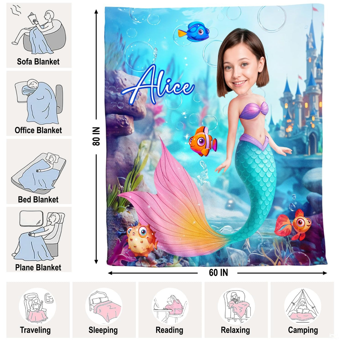 Mermaid ocean palace illustration blanket neatly styled on bed