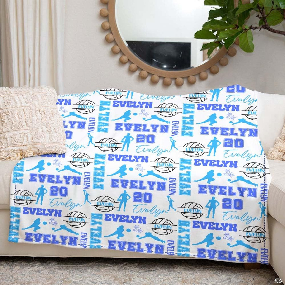 Graphic pattern close-up of sky blue volleyballs and dark star accents.