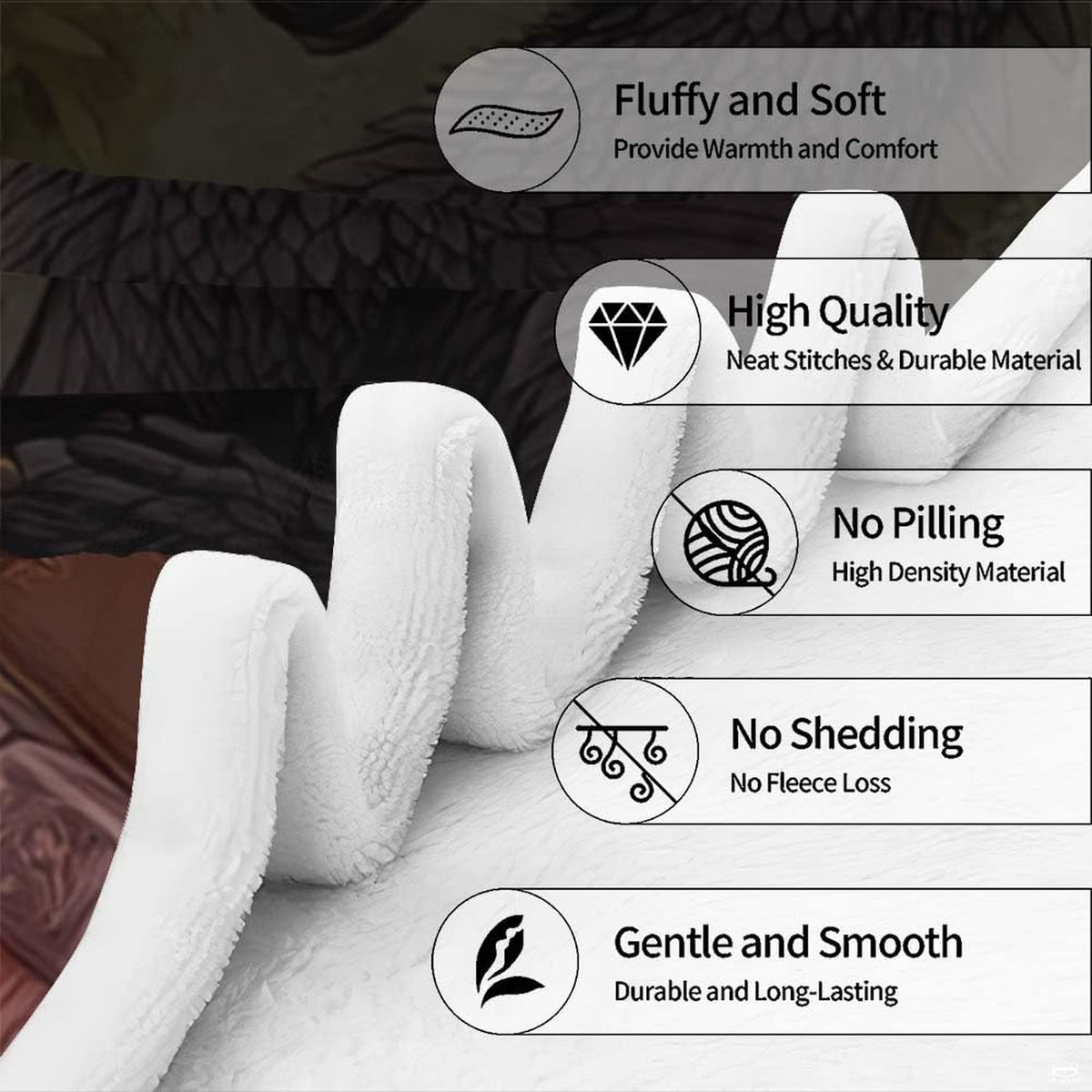 White and black dragons throw blanket view 6 highlighting twin drakes, books, and peony flowers