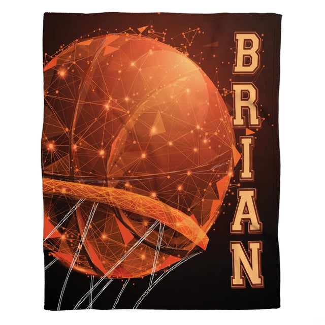 Geometric low-poly basketball swooshing into hoop net on bedding set with fiery amber sparks.