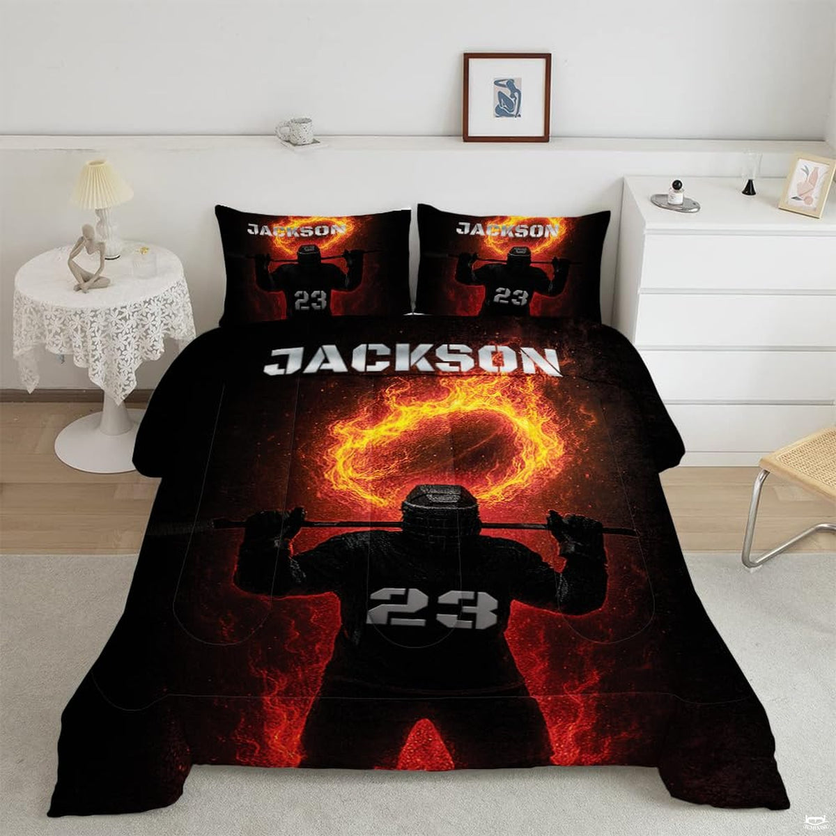 Fiery orange ice hockey goalie player sports bedding set displayed neatly on a bed in a modern youth bedroom