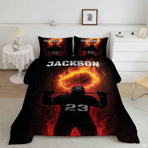 Fiery orange ice hockey goalie player sports bedding set displayed neatly on a bed in a modern youth bedroom