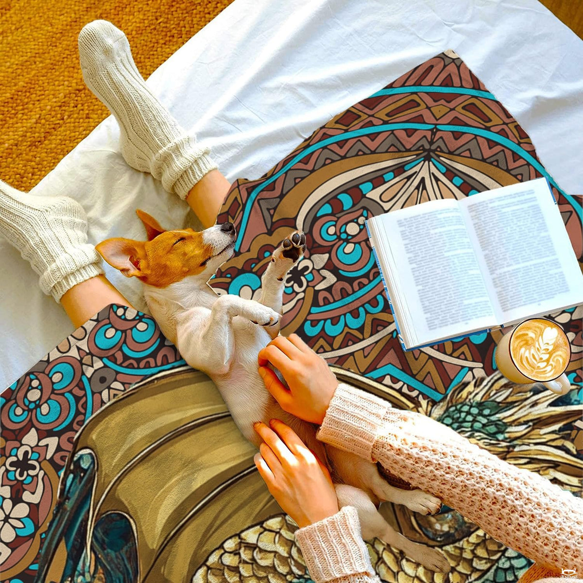 Decorative overhead view of earth tone terracotta patterns and sea green dragon print bedding set.