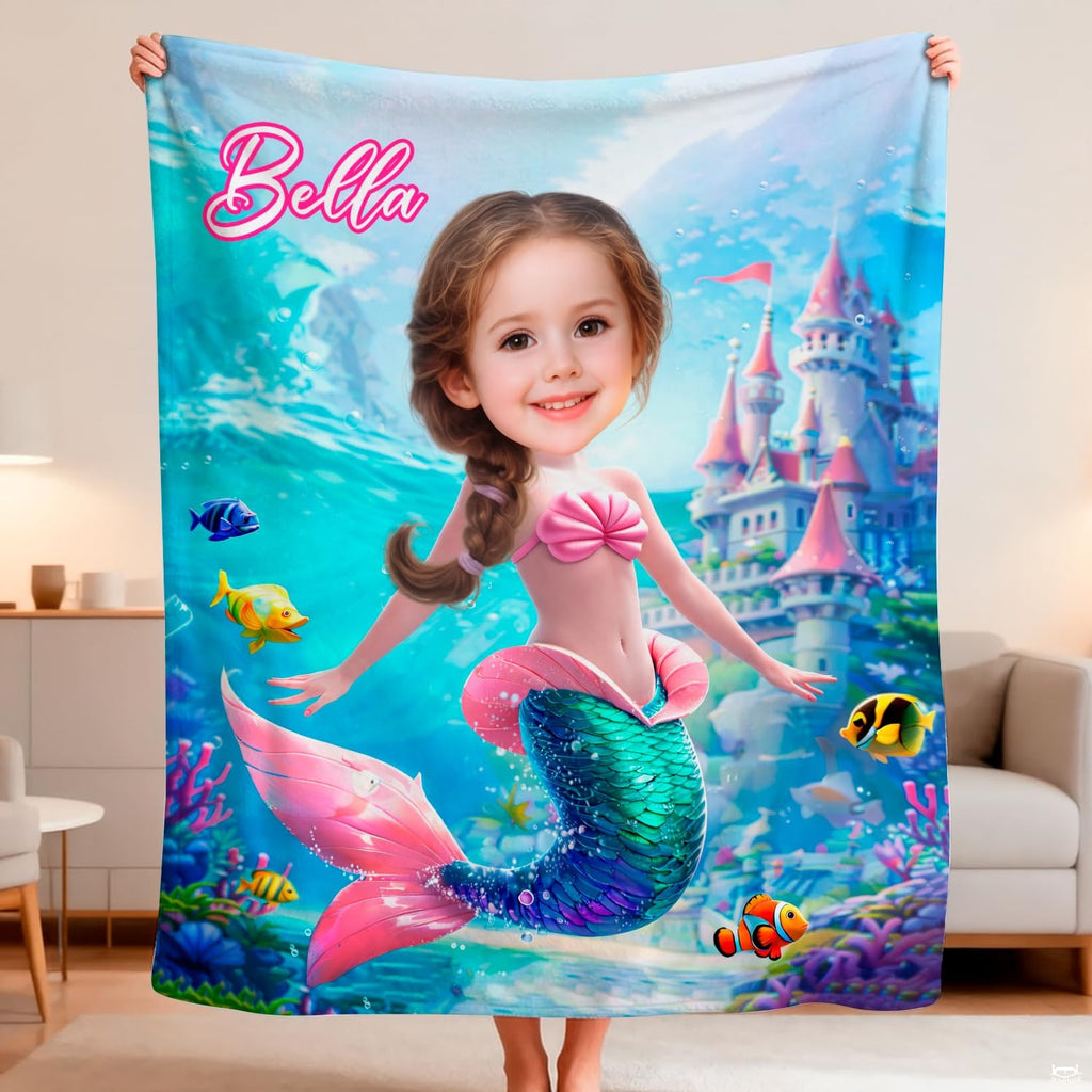 Full view of mermaid blanket displaying underwater castle coral reef and tropical fish