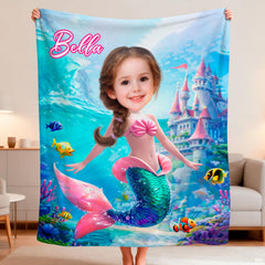 Full view of mermaid blanket displaying underwater castle coral reef and tropical fish