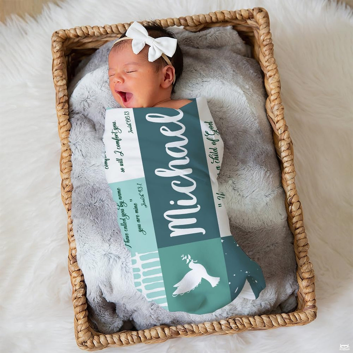 Peace dove sage green gingham blanket draped on modern armchair