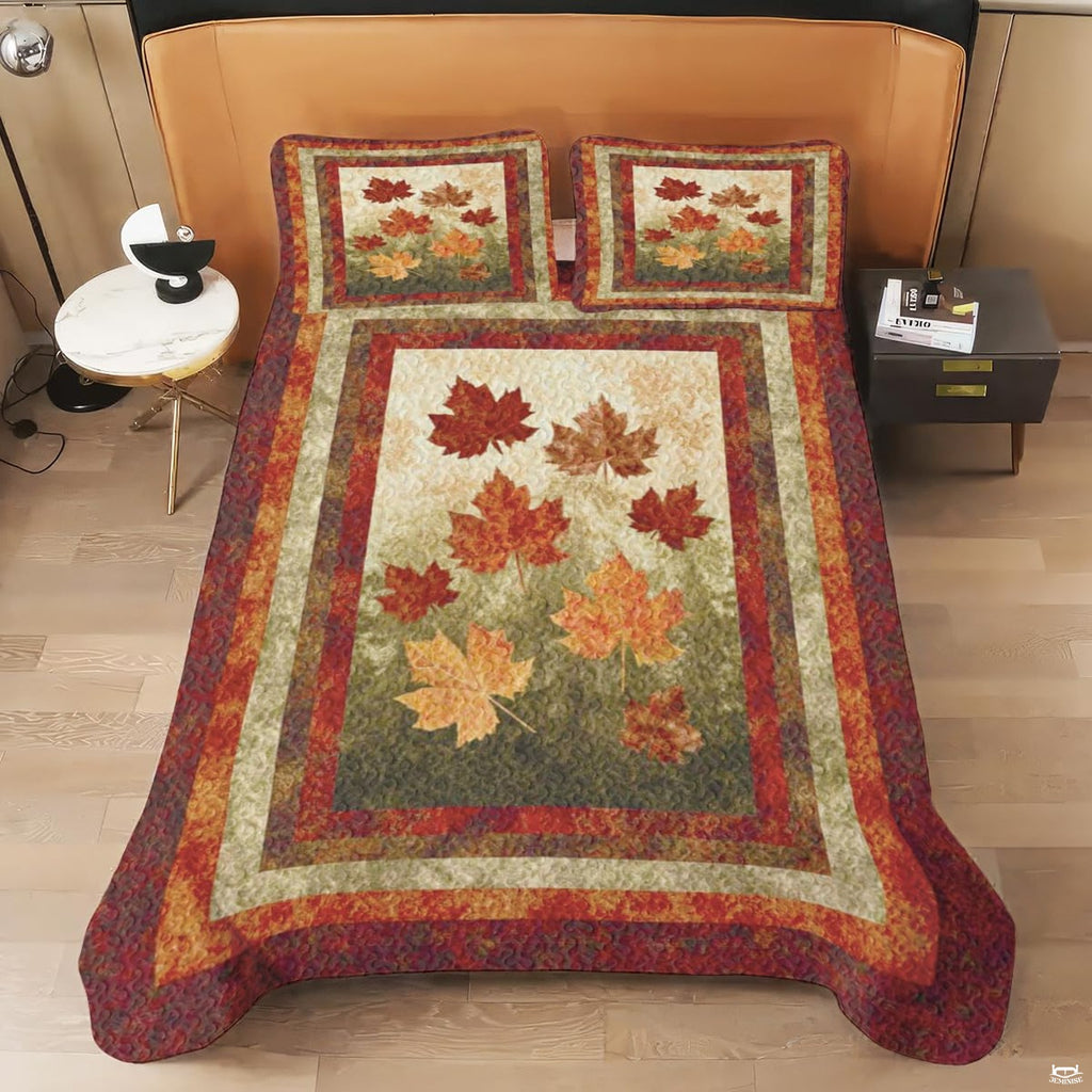Artistic autumn foliage bedding set styled in an inviting seasonal guest bedroom atmosphere