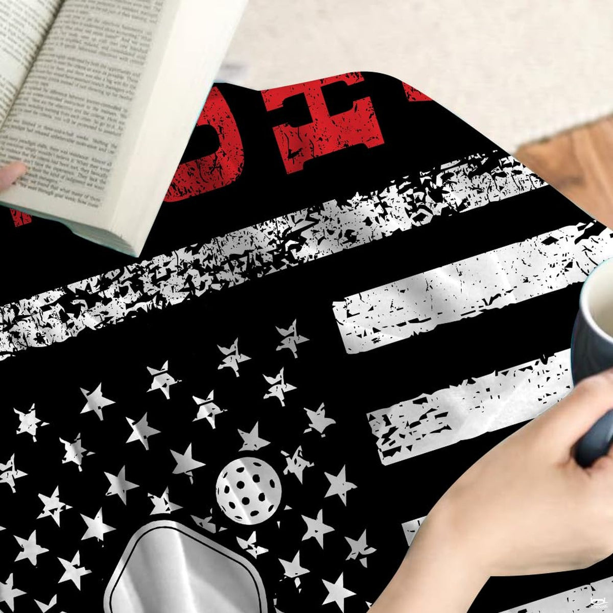 Distressed American flag graphic with pickleball paddle and red lettering, view 8.