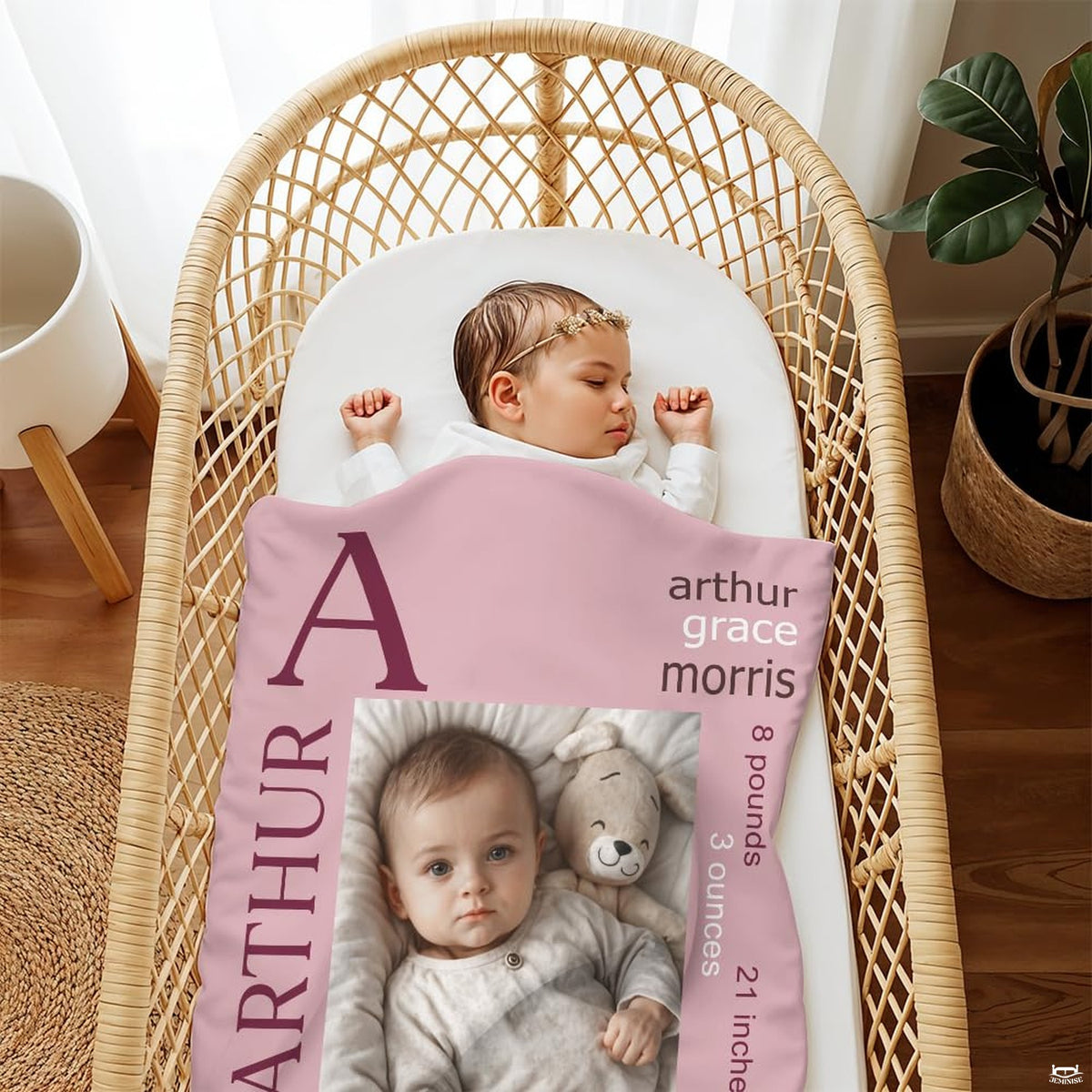 Detail of milestone graphics and refined serif lettering designed for a baby bedding set for crib.