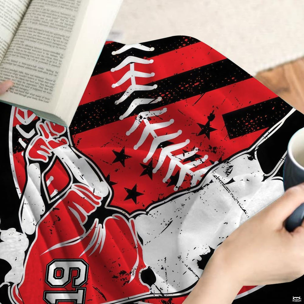 Athletic hitter graphic artwork detail on modern sports bedding set.