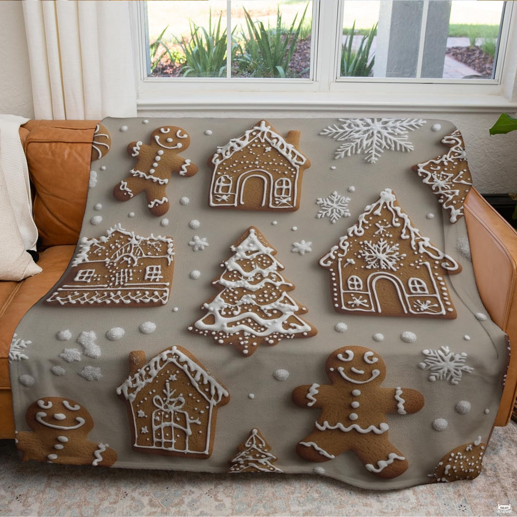 Decorated gingerbread houses and cookie figures on neutral background, view 4.