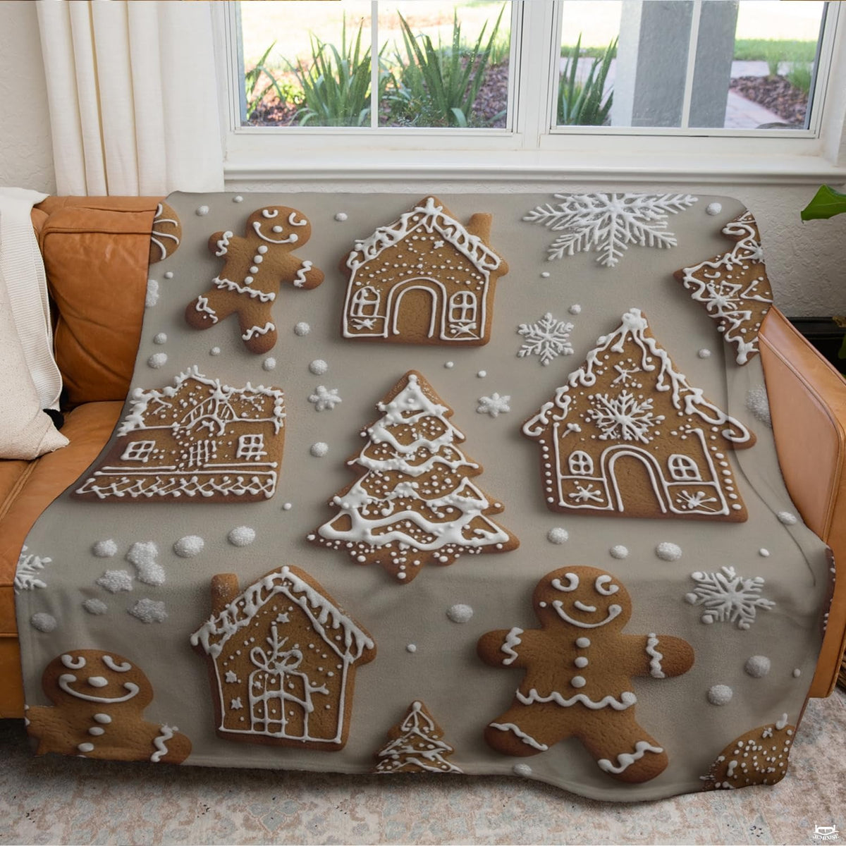 Decorated gingerbread houses and cookie figures on neutral background, view 4.