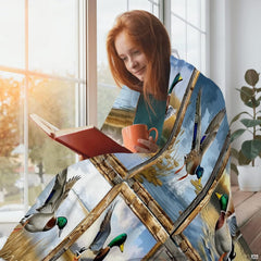 Mallard duck grid throw blanket view 2 highlighting nine wood-framed panels, waterfowl action, and lake scenes