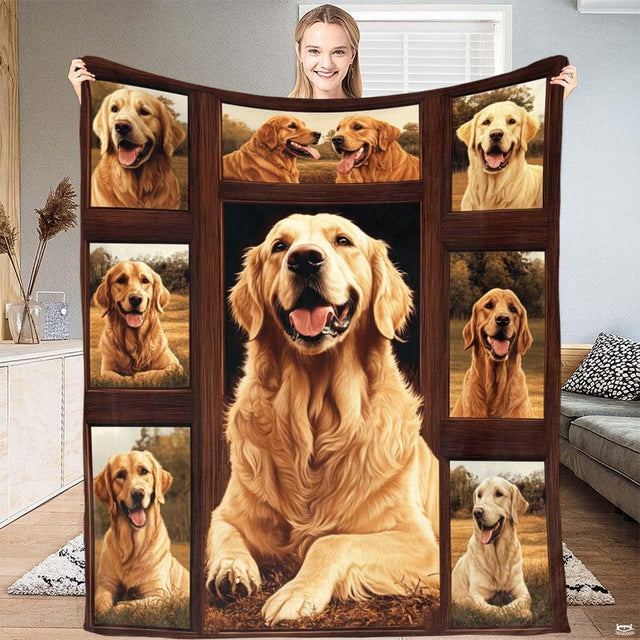 Golden Retriever photo collage with rustic wood frames and outdoor portraits, view 1.