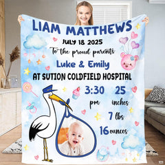 Full display view of blue watercolor stork milestone baby blanket held up indoors.