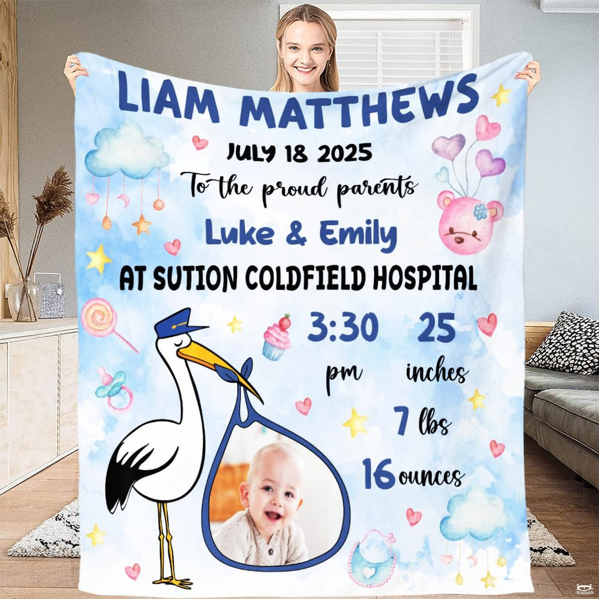 Full display view of blue watercolor stork milestone baby blanket held up indoors.