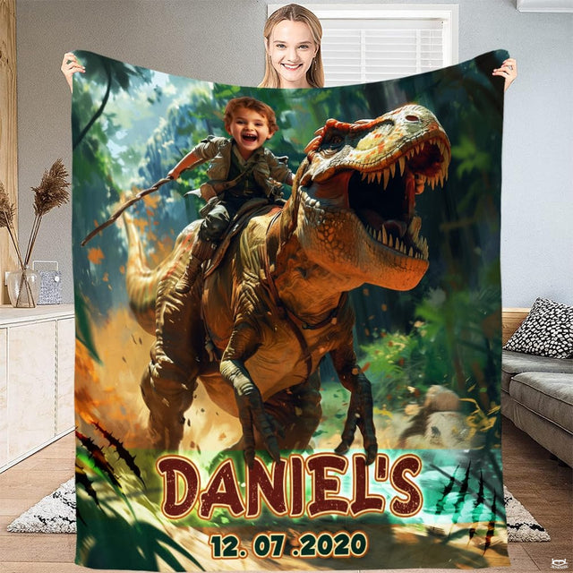 Person holding up the prehistoric jungle print featuring a boy riding a roaring dinosaur.