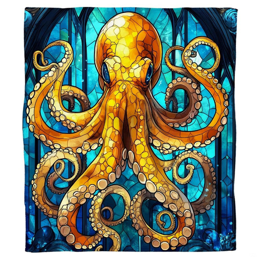 Stained glass golden octopus cathedral throw blanket view 2 detailing mosaic tiles and tentacles