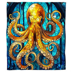Stained glass golden octopus cathedral throw blanket view 2 detailing mosaic tiles and tentacles