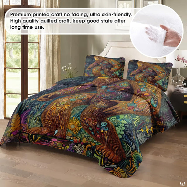Psychedelic bed covers displaying mystical Bigfoot amidst golden amber paisley swirls and bohemian floral motifs.