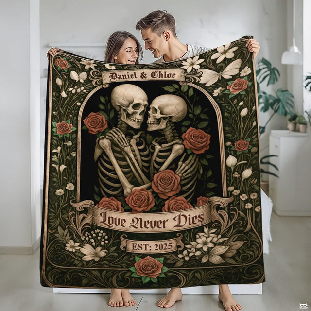 Dramatic bedroom decor styled with gothic skull bedding alongside moody floral accents and dark wood accents.