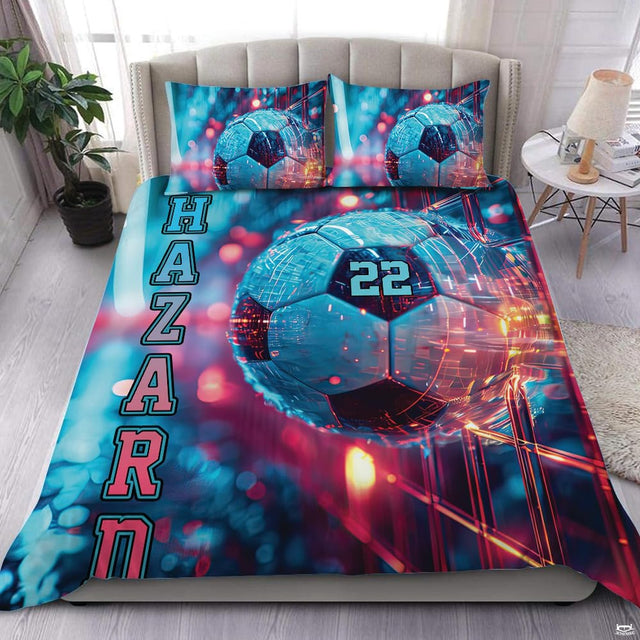 Cyberpunk bed set displaying a glowing neon soccer ball striking the net in a high-tech digital stadium.