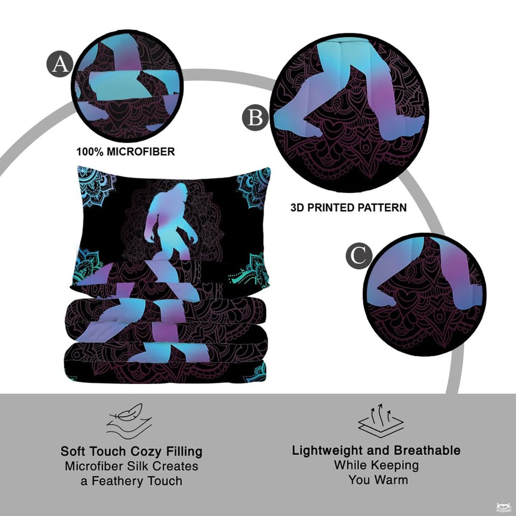 Overhead view of Bigfoot mandala bohemian bedding spread across a contemporary bedroom bed