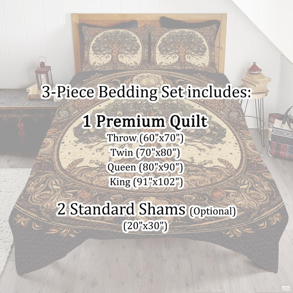 Overhead view of Tree of Life vintage mandala bedding matching modern bedroom design for girl decorative themes.