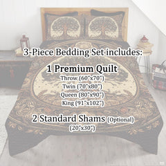 Overhead view of Tree of Life vintage mandala bedding matching modern bedroom design for girl decorative themes.