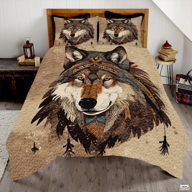 Custom Wolf Wearing Headdress Centered Close Up Comforter with Wolf Head