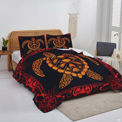 Artistic overhead angle of the golden sea turtle illustration bordered by elegant coral scrollwork.