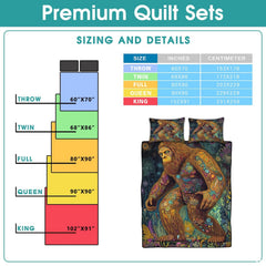 Bohemian bedroom presentation styled with trippy bed covers featuring vibrant mythical forest Sasquatch illustrations.