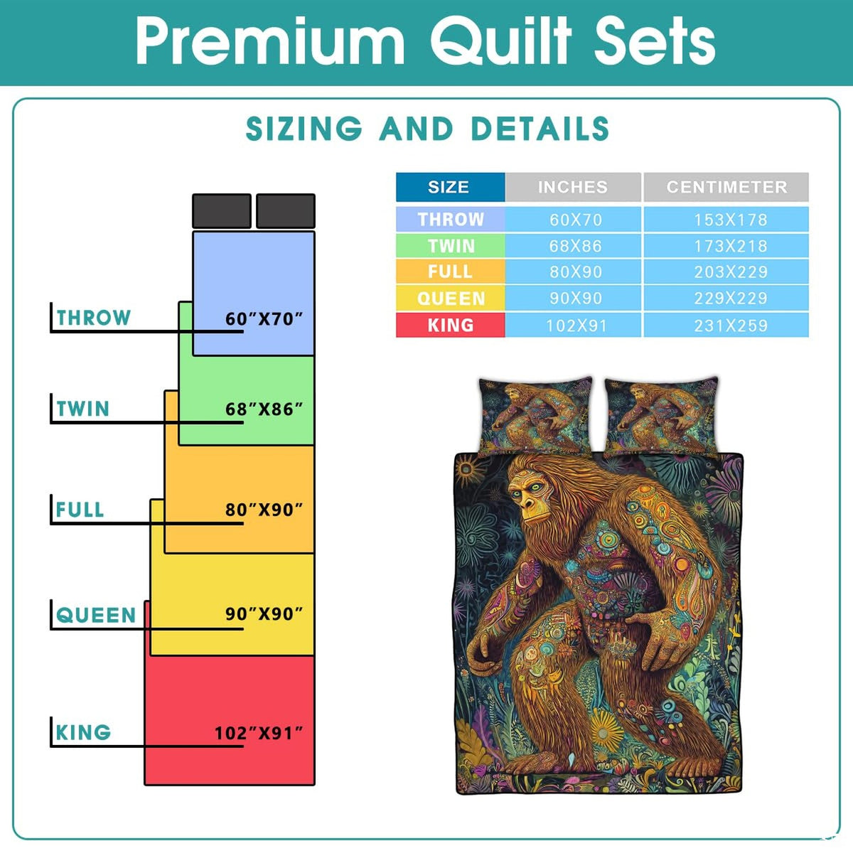 Bohemian bedroom presentation styled with trippy bed covers featuring vibrant mythical forest Sasquatch illustrations.